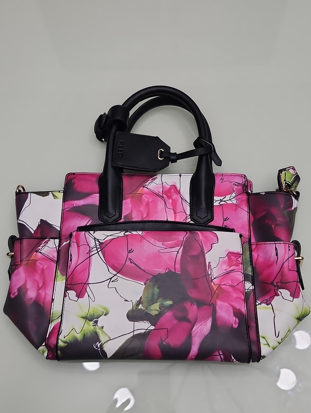 Reed Pink Floral Tote with Black Handles